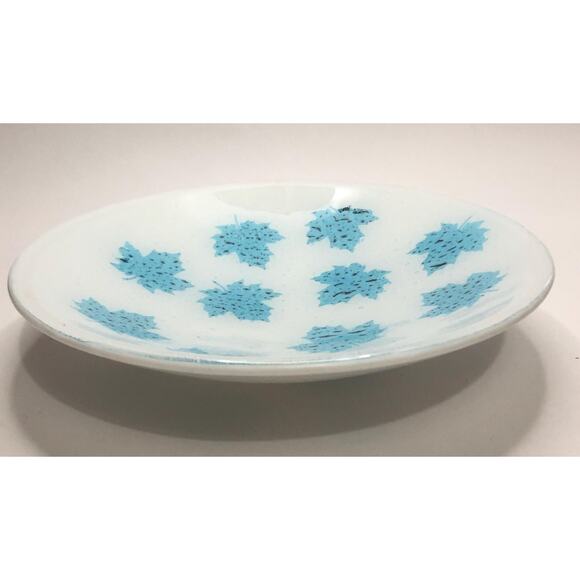 Vintage White w/ Blue Maple Leaf Fused Art Glass Bowl Plate Artisan - Picture 3 of 4
